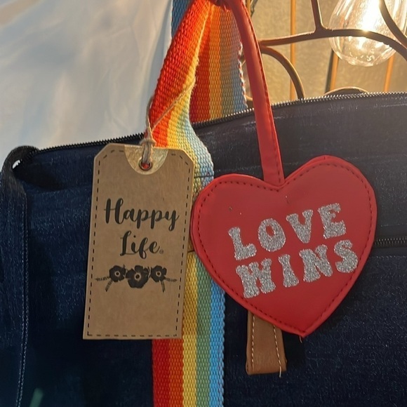 Net denim rainbow tote with attached purse 2 pockets zips closed - Picture 2 of 10